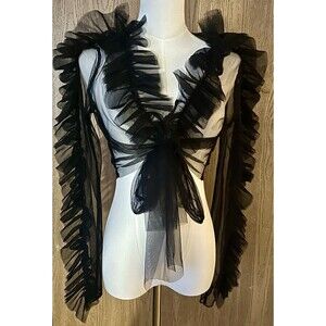 Black Sheer Mesh Long Sleeve Tie Front Crop Top